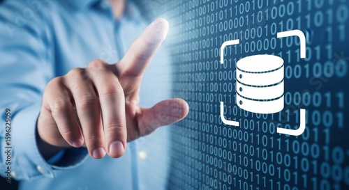 A finger touches a database icon on a digital screen with binary code background