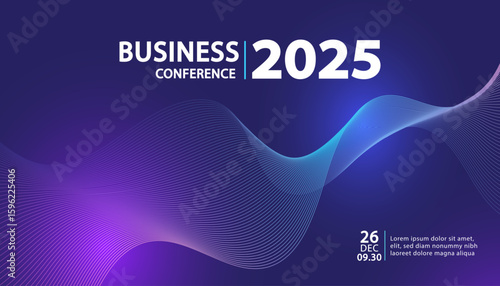 Professional abstract business conference banner with blue light lines on dark background for corporate webinar and tech event.