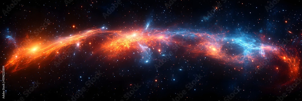 Obraz premium A panoramic view of a vibrant nebula with orange and blue hues against a backdrop of distant stars