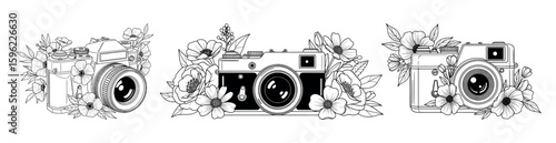 Detailed hand drawn camera equipment and photography elements in artistic sketch style Vector Illustration