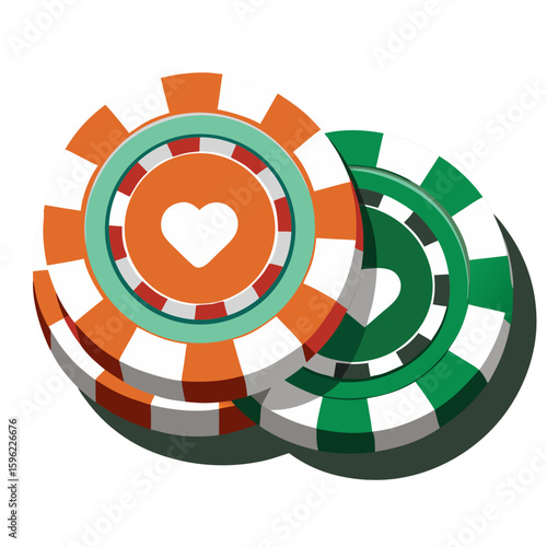 two overlapping casino poker chips with striped edges in orange/white and green/white colors.