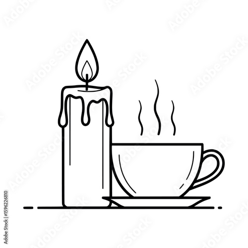 Burning candle with steaming cup hand drawn artistic sketch in clean outline Vector Illustration