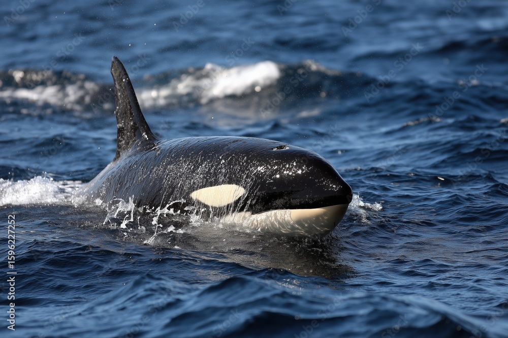 Fototapeta premium Orque emergeant des eaux bleues avec eclaboussures spectaculaires