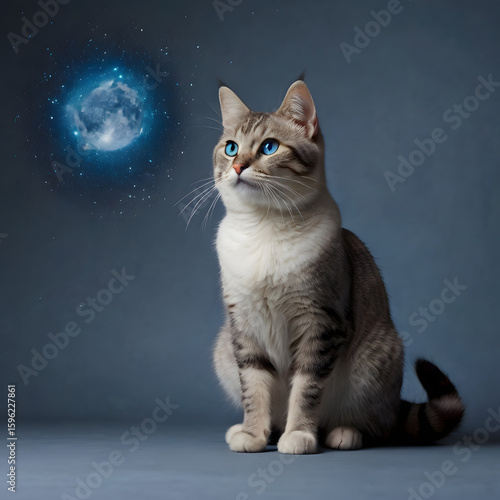 Cat gazes at cosmic moon