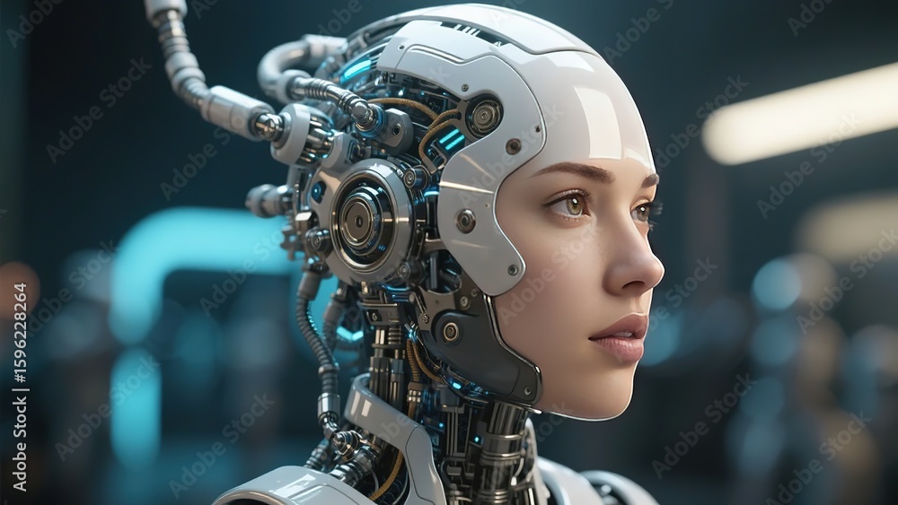 Advanced humanoid robot with intricate mechanical design and human-like facial features Advanced humanoid robot with intricate mechanical design and human-like facial features