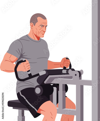 Man seated, pulling handles on a rowing machine, exercising his upper body in a gym.