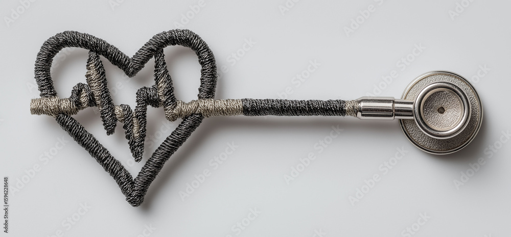 Fototapeta premium A stethoscope forms a heart shape with a pulse line on white