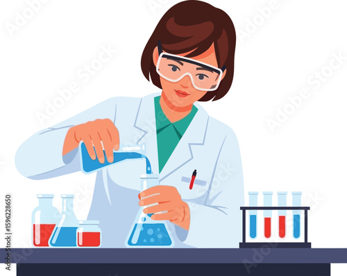 A female scientist in a lab coat pours liquid into a conical flask, conducting an experiment.