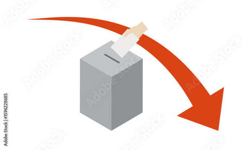Declining voter turnout and vote count – ballot box with downward red arrow illustration