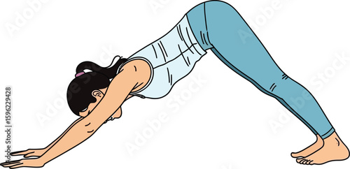 Cartoon woman in downward-facing dog yoga pose.