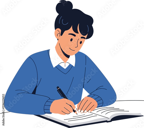 A young person sits at a desk, focused on writing in a notebook.
