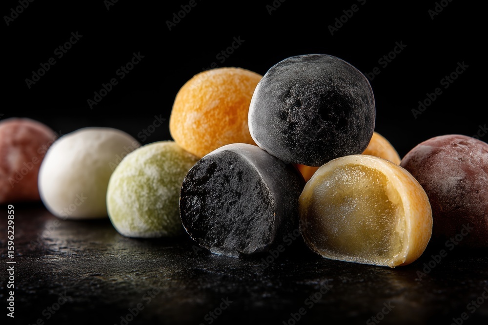 Fototapeta premium Mochi, a traditional Japanese sweet treat, displayed against a dark backdrop.