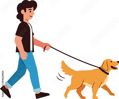 A man happily walks his golden retriever dog on a leash, enjoying a casual stroll.