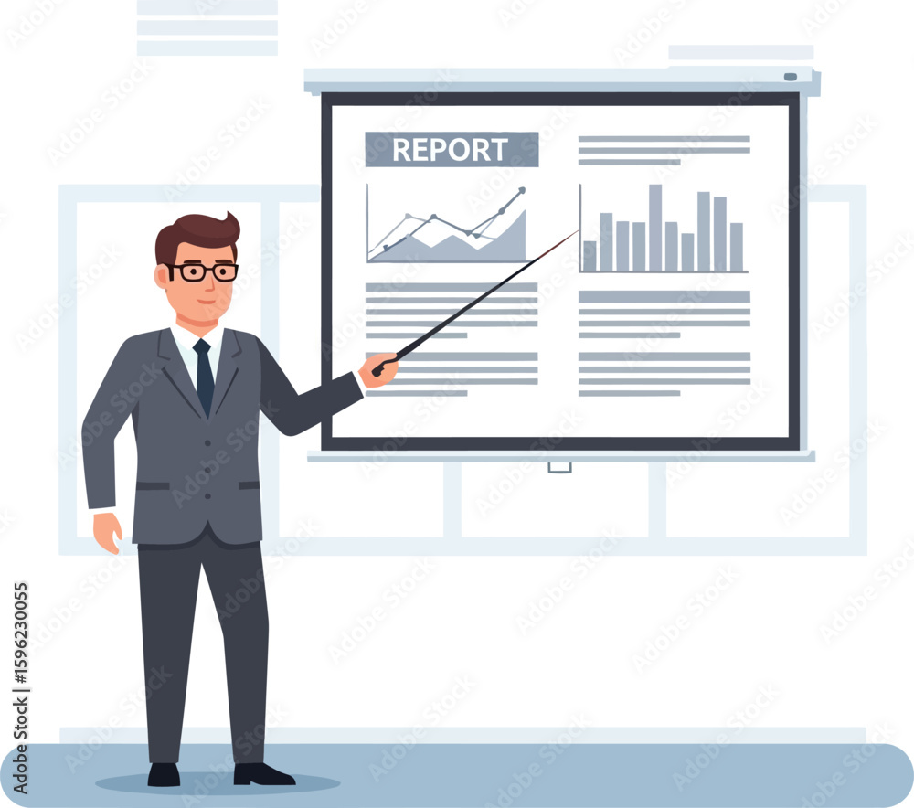 Man in suit presenting business report with graphs and data on a projector screen, using a pointer. Man in suit presenting business report with graphs and data on a projector screen, using a pointer.