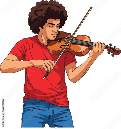 A young man with curly hair plays a violin, holding the bow and focusing on the instrument.