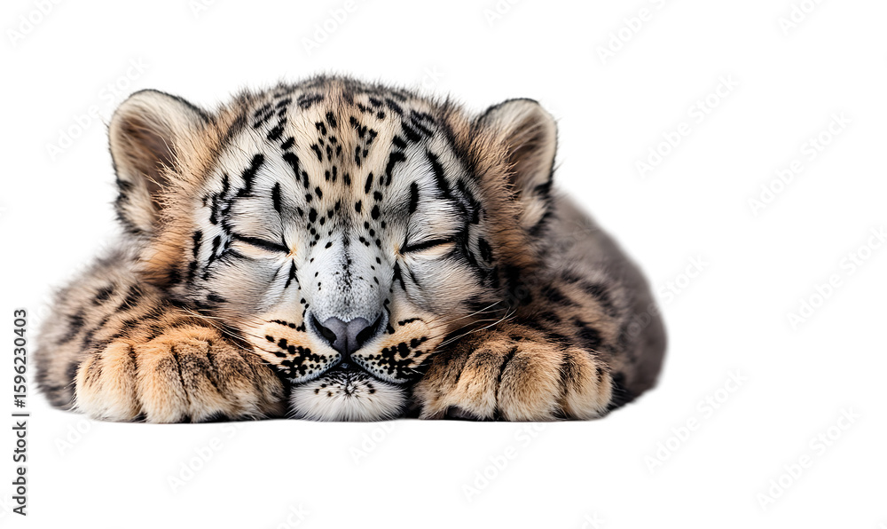Obraz premium A close-up of a sleeping snow leopard cub with its eyes closed, resting its head on its paws against a white background.