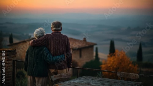 Elderly Couple Embracing at Sunset Overlooking Peaceful Countryside