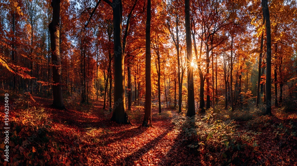 Fototapeta premium Vibrant Autumn Forest Path Sunlit Golden Hour