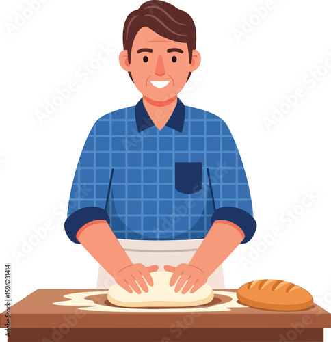 Happy baker kneading dough, preparing bread, flour, kitchen table.