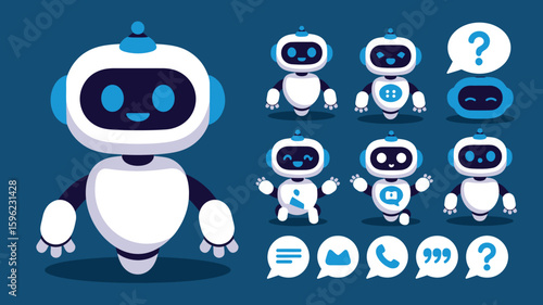  Friendly Cartoon Robots with Expressive Faces and Communication Icons Depicting Digital Interaction, AI Personality, and Chatbot Engagement