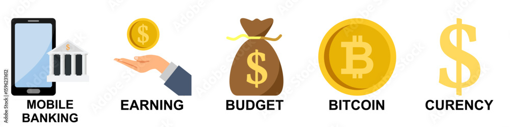 Obraz premium Set of business icons vector including mobile banking, earning, budget, bitcoin, and currency. Ideal for finance, fintech, crypto apps, savings tools, and digital economy illustrations.