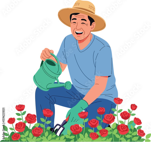 A smiling gardener tending to vibrant red rose bushes, watering them with a can.