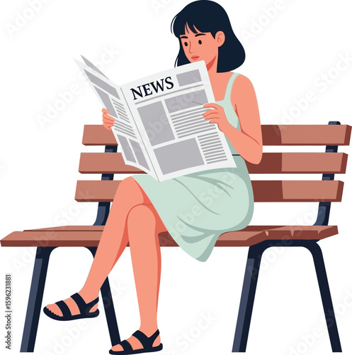 A woman sits on a bench reading a newspaper, engrossed in the news stories.