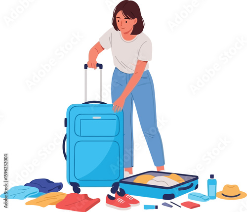 A young woman packs a blue suitcase, with clothes and travel accessories scattered around her.