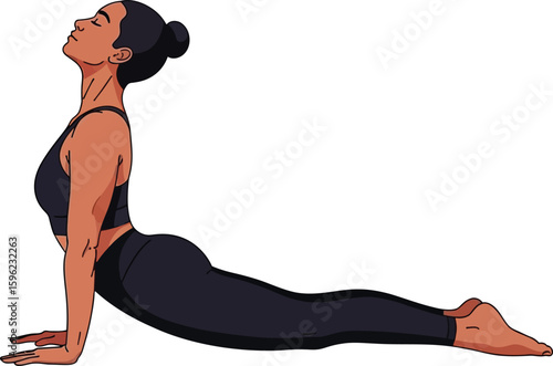 A dark-skinned woman performing a yoga pose, likely upward-facing dog, with a serene expression.