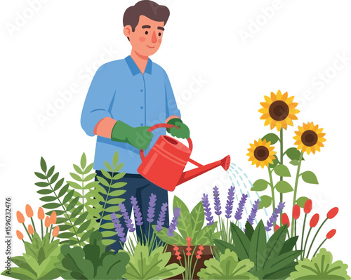 Man tending his vibrant garden, carefully watering sunflowers and other blooming plants with a red watering can.