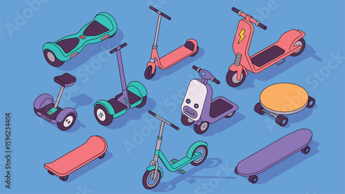  Urban Personal Transport Set with Hoverboards, Kick Scooters, and Skateboards in Colorful Isometric Style Depicting Modern Mobility Options