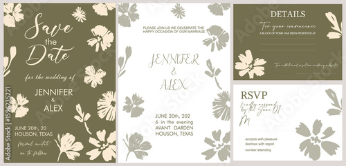 Elegant floral wedding invitation set in neutral tones. Includes Save the Date, RSVP, Details, and Ceremony cards. Minimalist botanical template perfect for modern weddings.