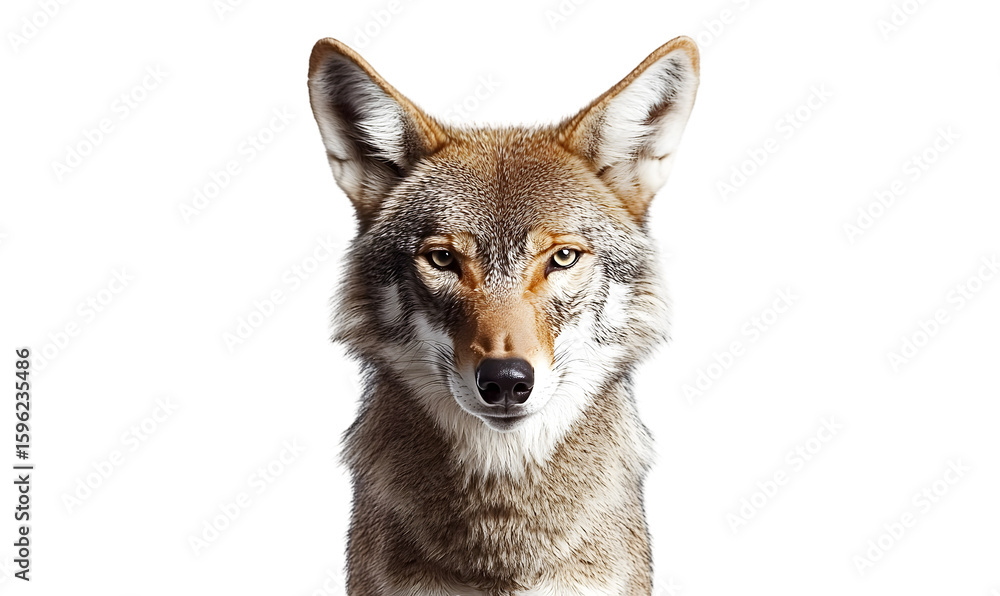 Fototapeta premium Close-up portrait of a coyote, focused on its face and head, against a plain white background.