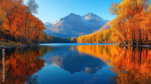 Fototapeta Naklejka Na Ścianę i Meble -  Autumn lake reflecting fall foliage mountains