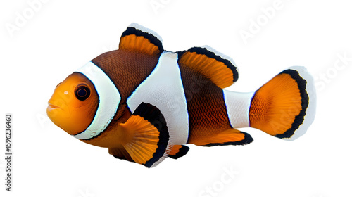 Fototapeta Naklejka Na Ścianę i Meble -  A vibrant clownfish with orange, white, and brown markings swimming against a plain white background.