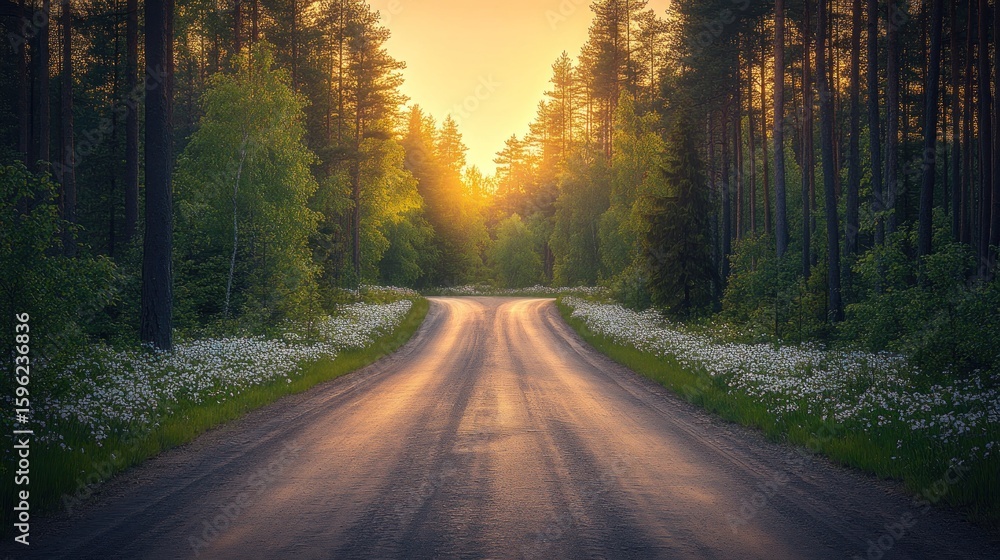 Fototapeta premium Forest road at sunset