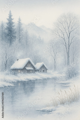 Snow Covered Cottages by River illustration