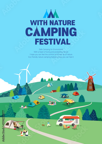 Nature camping festival on green meadow with wind turbines
