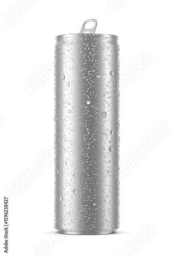 Aluminum slim drink can 300ml with water droplets isolated. 3D rendering illustration. Transparent PNG image.