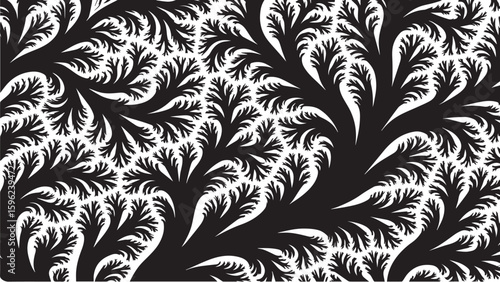 Complex White Fractal Tree and Leaf-like Pattern on Black Background. Abstract Organic, Vegetal, or Neural Network Structure.

