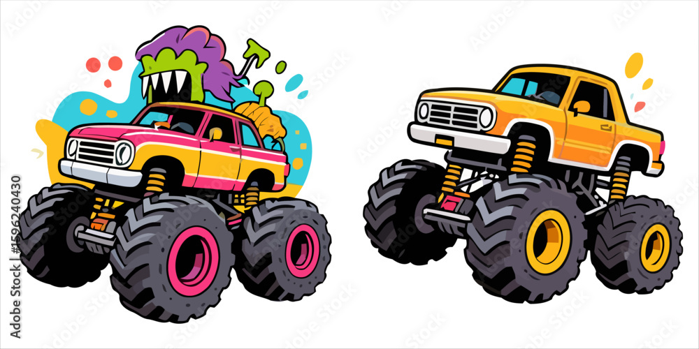 Fototapeta premium Art of two cartoon monster trucks on white
