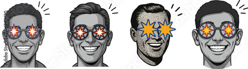 Diverse Men's Faces with Exploding Starburst Eyes and Sunglasses. Concept of Surprise, Shock, Idea, or Intense Reaction in Pop Art Style.

