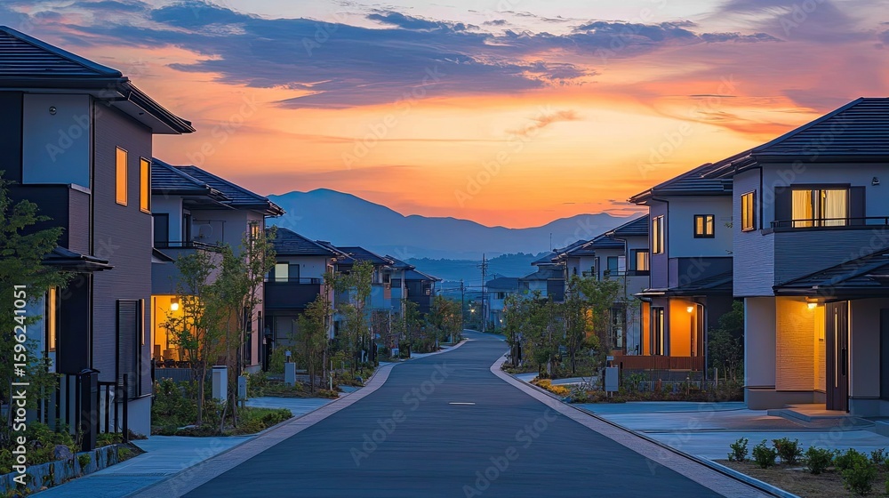 Japanese Residential Area with Single-Family Houses in a Peaceful Neighborhood at Dusk Japanese Residential Area with Single-Family Houses in a Peaceful Neighborhood at Dusk