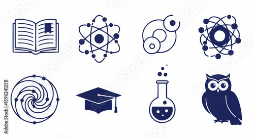 Collection of science and education related icons including a book, atoms, flask, graduation cap, and owl.
