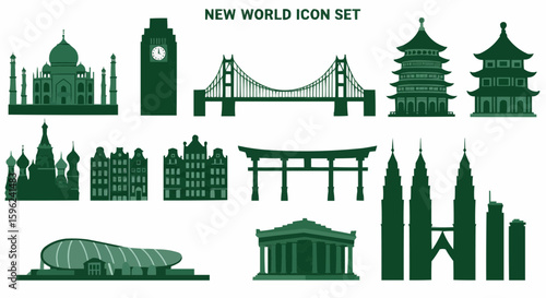 A collection of iconic global landmarks depicted as dark-green silhouettes against a white background.