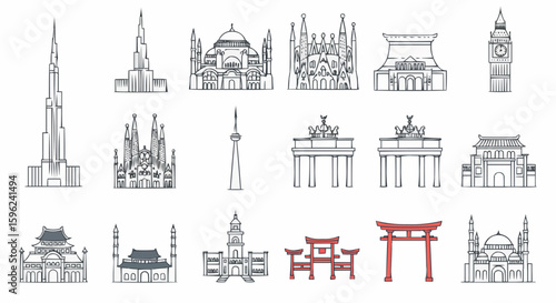 Outlined architectural icons, representing famous buildings and landmarks from around the world.