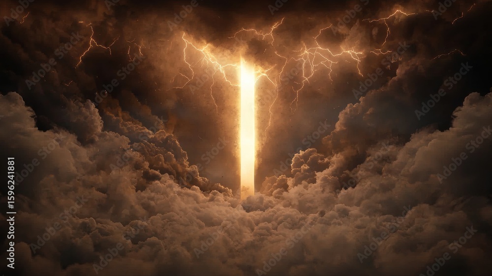 Fototapeta premium Glowing Archway with Angelic Figures in Dramatic Thunderstorm Scene