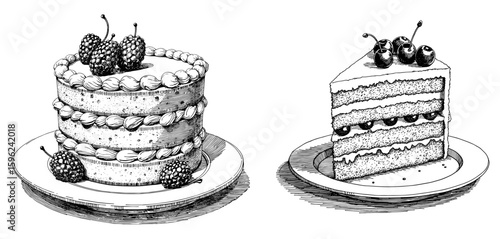 Vintage black pen sketch of layer cake and slice on white background  