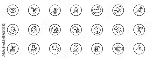 Healthy Food Icon set in round forms and Line Art Style for Certified Organic Claims, Packaging