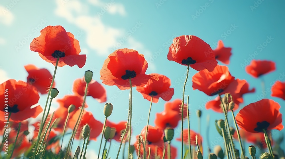 Obraz premium Red poppy flowers field under blue sky summer nature floral background wallpaper stock photo image